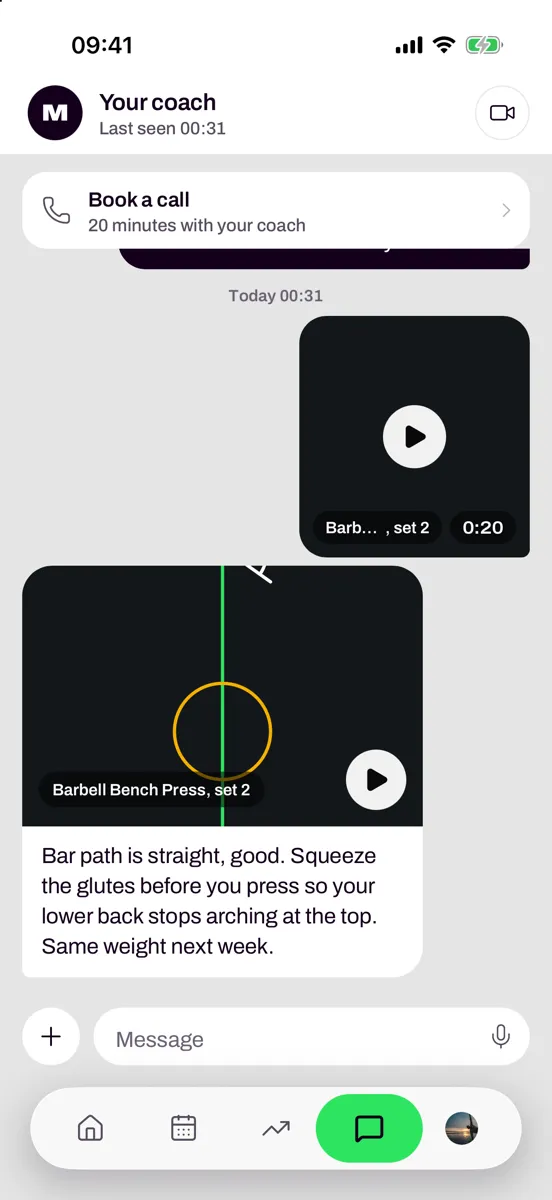 Your coach in the app: a call to book and a form check on a bench press