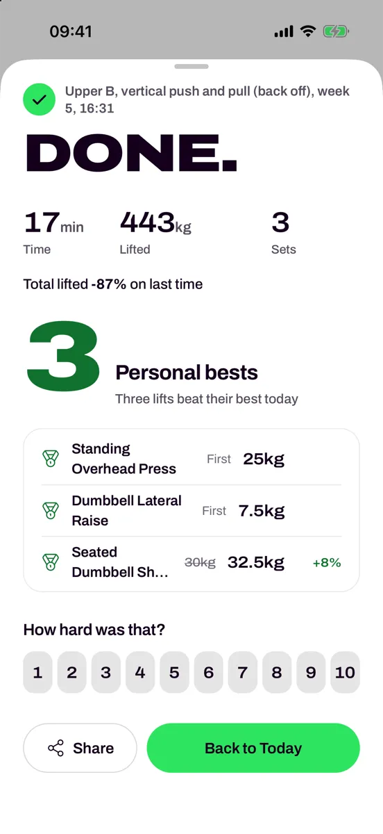 A finished session with three personal bests, one row each