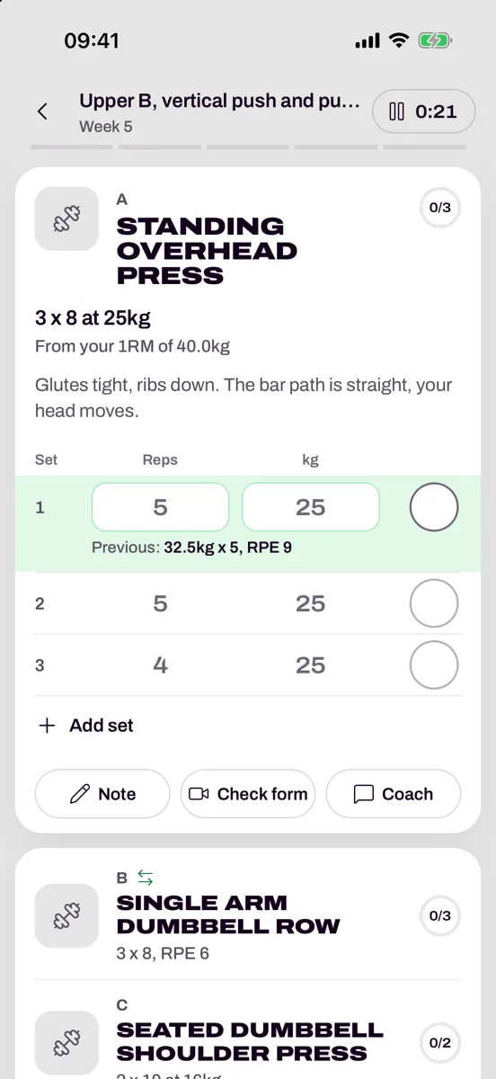Today's session in the app, with last time under the set to do next